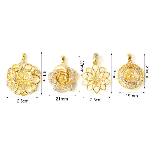 Image de Bélière pour Perle Micro Pave en Laiton Plaqué Or Véritable 18K Fleur à Strass Transparent 1 Pièce