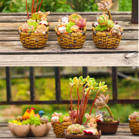 Image de Petit pot de fleur de paysage micro de panier d'animal de bande dessinée de résine pour le succulent