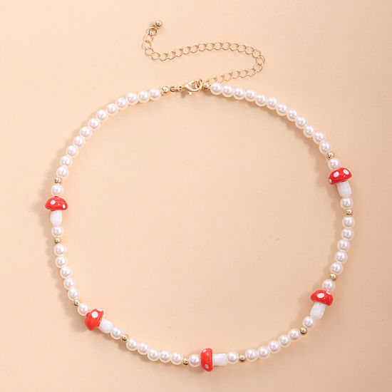 Picture of Acrylic Beaded Necklace White & Red Mushroom Imitation Pearl 40cm(15 6/8") long, 1 Piece