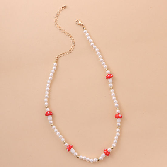 Picture of Acrylic Beaded Necklace White & Red Mushroom Imitation Pearl 40cm(15 6/8") long, 1 Piece