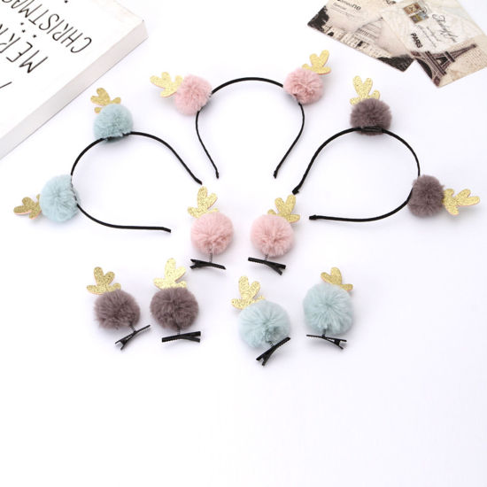 Picture of Iron Based Alloy Christmas Hair Accessories Findings Multicolor Pom Pom Ball Deer Horn/ Antler Glitter 1 Piece