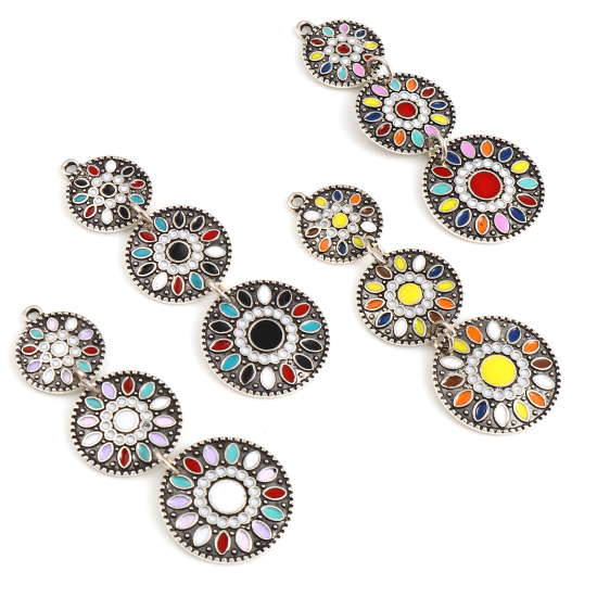 Picture of Zinc Based Alloy Pendants Geometric Antique Silver Color Multicolor Enamel 55mm x 19mm, 2 PCs