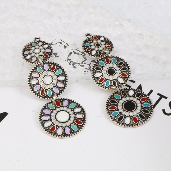 Picture of Zinc Based Alloy Pendants Geometric Antique Silver Color Multicolor Enamel 55mm x 19mm, 2 PCs