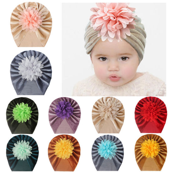 Picture of Big Flower Velvet Turban Hat Beanie Bonnet For Baby Girls Newborn Infant