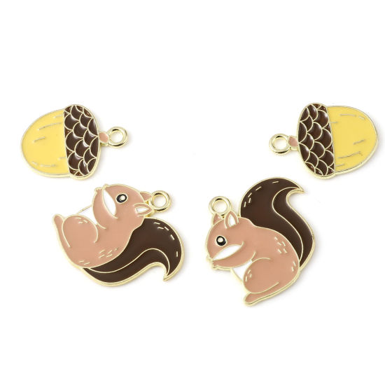 Immagine di Lega di Zinco Collezione Flora Charms Scoiattolo Oro Placcato Multicolore Pigna Smalto 5 Pz