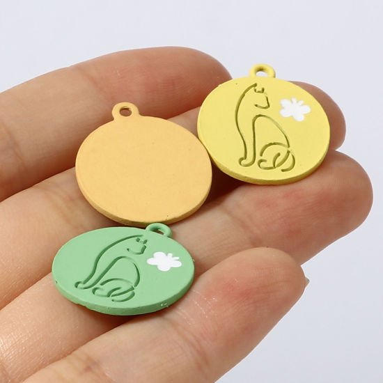 Picture of Zinc Based Alloy Charms Round Multicolor Cat Painted 21mm x 18mm, 10 PCs