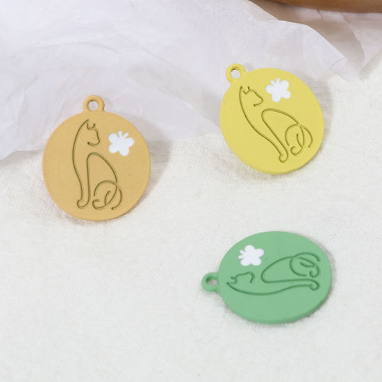 Picture of Zinc Based Alloy Charms Round Multicolor Cat Painted 21mm x 18mm, 10 PCs