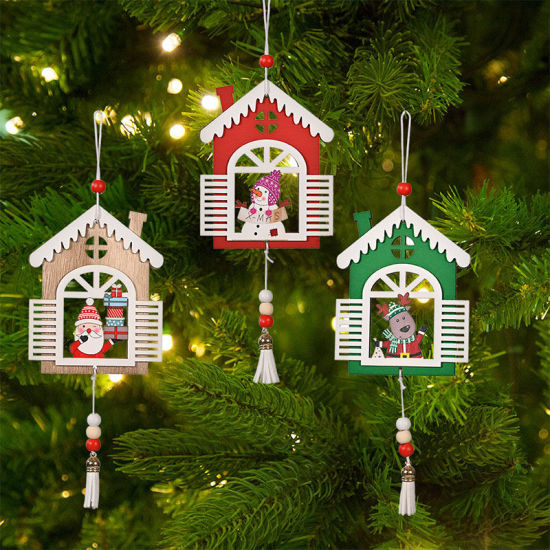 Picture of Christmas House With Tassel Wood Hanging Ornament Decoration