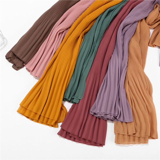 Picture of Chiffon Women's Pleated Hijab Scarf Wrap Solid Color