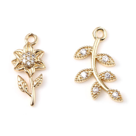 Image de 5 Pcs Breloques En Gros Micro Pave en Laiton Plaqué Or Véritable Feuilles de Fleur à Strass Transparent
