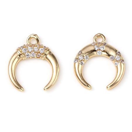 Immagine di 5 Pz Ottone Micro Intarsio Ciondoli All'Ingrosso Vero Oro Placcato Forma di Corno Trasparente Strass 14mm x 12mm