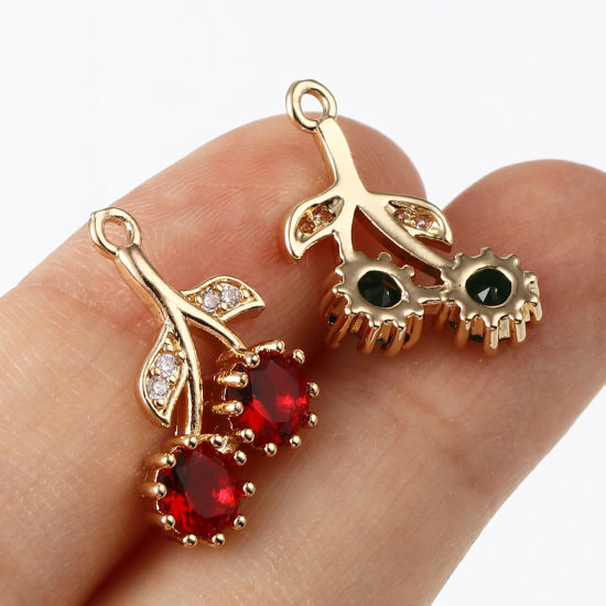 Image de Breloques Micro Pave en Laiton Cerise Doré 20mm x 11mm, 5 Pcs