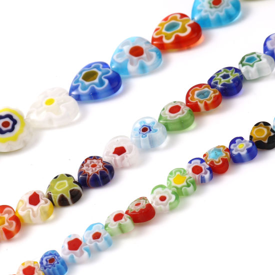 Image de Perles Millefiori en Verre La Saint Valentin Cœur Couleur au Hasard Fleurs 1 Enfilade