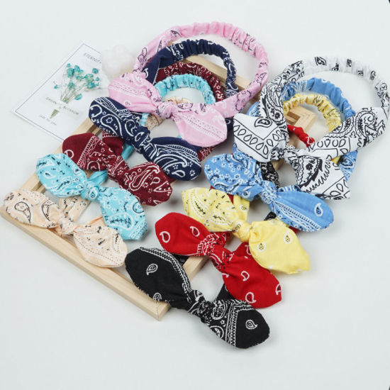 Picture of Girls Rabbit Ears Bow Polyester Elastic Headband Head Wrap For Sports