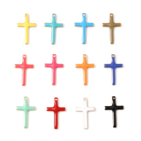 真鍮 宗教チャーム 金メッキ 多色 クロス 両面エナメルスパンコール 18mm x 11mm、 5 個
