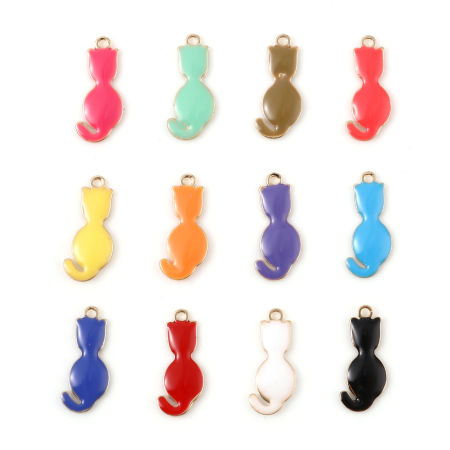 Picture of Brass Enamelled Sequins Charms Gold Plated Multicolor Cat Animal 18mm x 8mm, 5 PCs