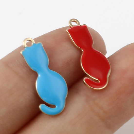 Image de Breloques Sequins Emaillés Double Face en Laiton Chat Doré Multicolore 18mm x 8mm, 5 Pcs