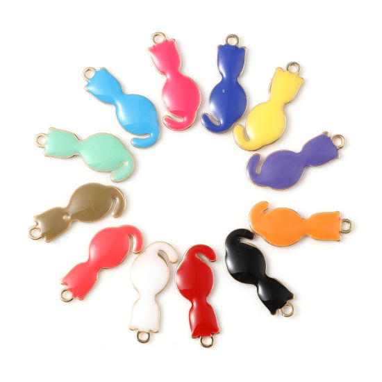 Image de Breloques Sequins Emaillés Double Face en Laiton Chat Doré Multicolore 18mm x 8mm, 5 Pcs