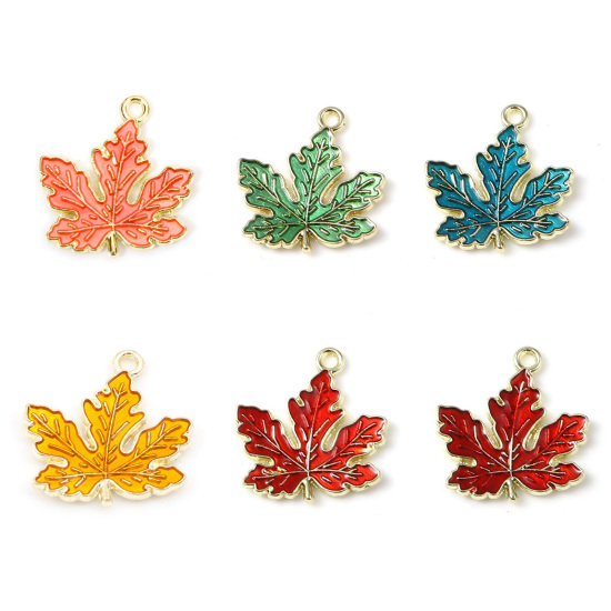 Picture of Zinc Based Alloy Charms Maple Leaf Gold Plated Multicolor Enamel 21mm x 20mm, 20 PCs