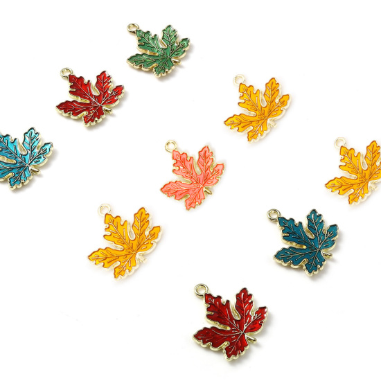 Picture of Zinc Based Alloy Charms Maple Leaf Gold Plated Multicolor Enamel 21mm x 20mm, 20 PCs