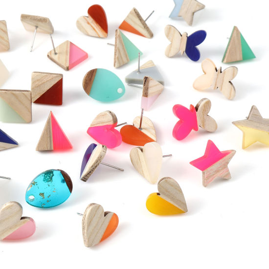 Picture of Resin & Natural Wood Ear Post Stud Earrings At Random Color Post/ Wire Size: (21 gauge), 5 PCs