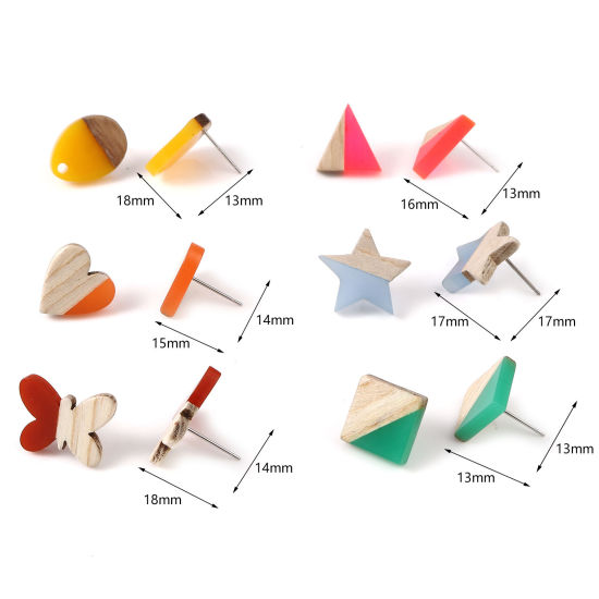 Picture of Resin & Natural Wood Ear Post Stud Earrings At Random Color Post/ Wire Size: (21 gauge), 5 PCs
