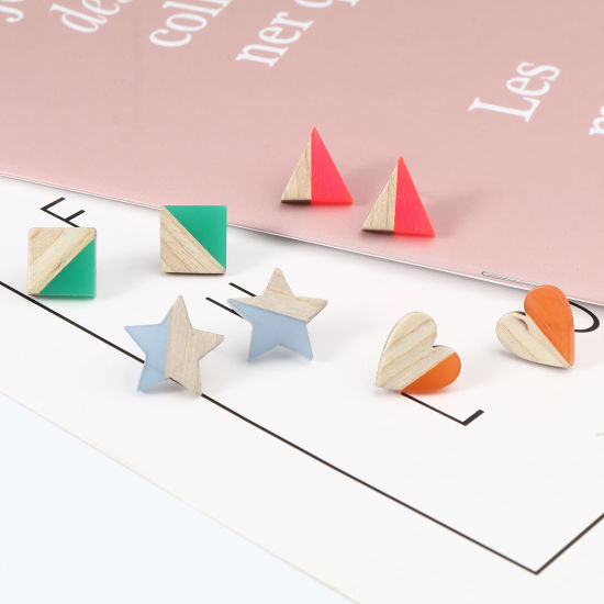 Picture of Resin & Natural Wood Ear Post Stud Earrings At Random Color Post/ Wire Size: (21 gauge), 5 PCs