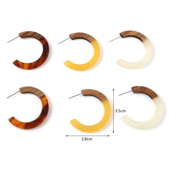 Picture of Natural Wood Hoop Earrings Multicolor C Shape 3.5cm x 2.8cm, 2 PCs