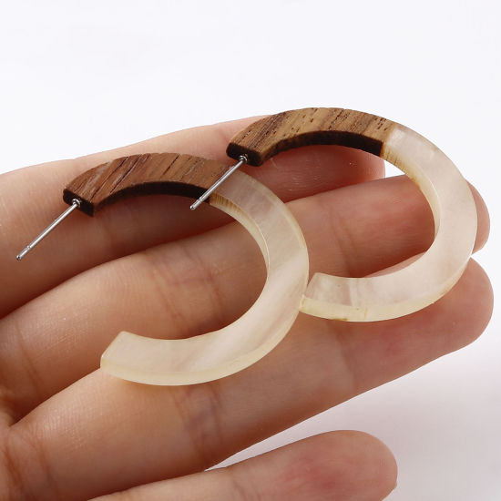 Picture of Natural Wood Hoop Earrings Multicolor C Shape 3.5cm x 2.8cm, 2 PCs