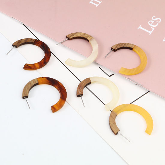 Picture of Natural Wood Hoop Earrings Multicolor C Shape 3.5cm x 2.8cm, 2 PCs