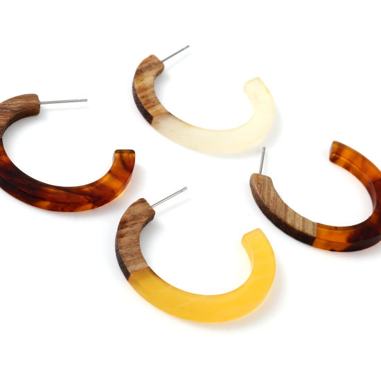 Picture of Natural Wood Hoop Earrings Multicolor C Shape 3.5cm x 2.8cm, 2 PCs