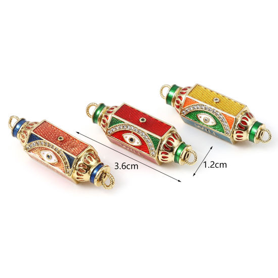 Bild von Messing Micro Pave Verbinder Polygon Vergoldet Bunt Auge Message " will " Emaille Transparent Strass 3.6cm x 1.2cm, 1 Stück