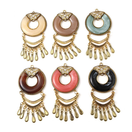 Immagine di Lega di Zinco + Resina Stile Bohemien Ciondoli Tondo Oro Antico Multicolore Nappine 11cm x 5.2cm , 1 Pz