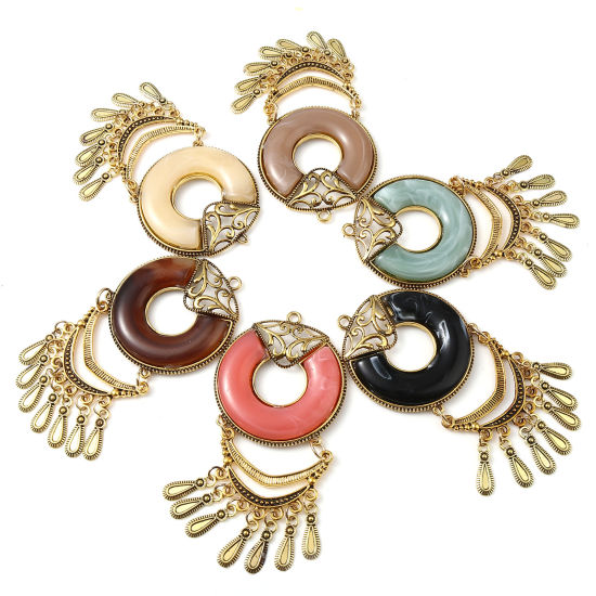 Immagine di Lega di Zinco + Resina Stile Bohemien Ciondoli Tondo Oro Antico Multicolore Nappine 11cm x 5.2cm , 1 Pz