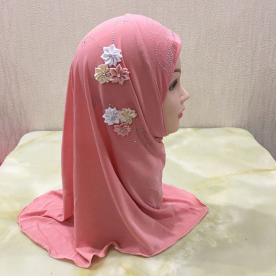Picture of Flower Rayon Muslim Girl's Turban Hijab With Hot Fix Rhinestone For 2-6 Years Old