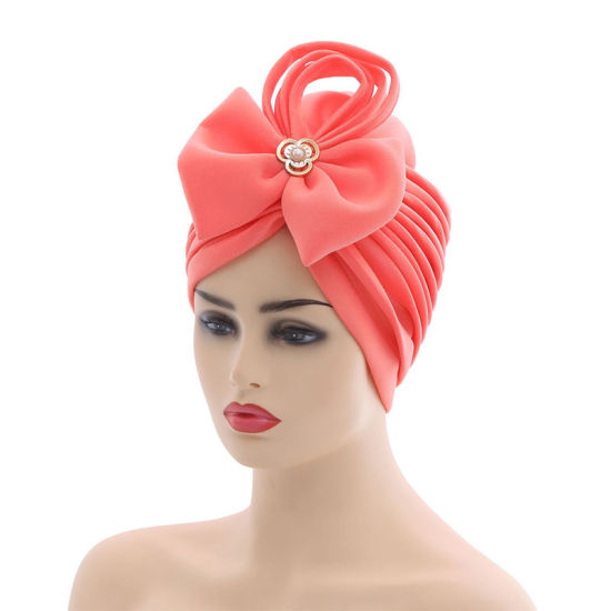 Изображение African Women's Turban Hat Headwraps Bowknot Pleated Solid Color
