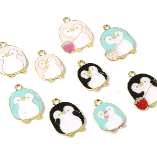 Picture of Zinc Based Alloy Charms Penguin Animal Gold Plated Multicolor Strawberry Enamel 10 PCs