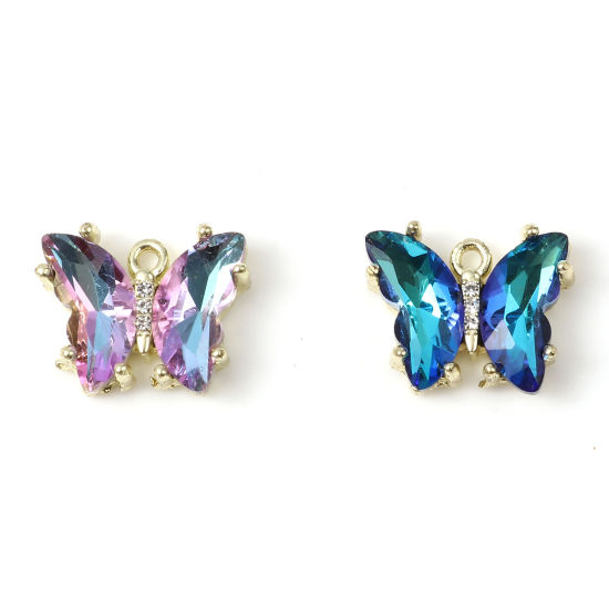 Picture of Zinc Based Alloy & Glass Insect Charms Butterfly Animal Gold Plated Multicolor AB Color Clear Rhinestone 18mm x 15mm, 5 PCs