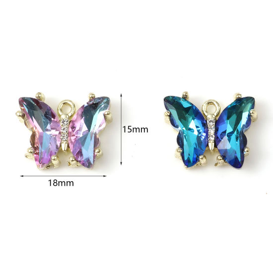 Picture of Zinc Based Alloy & Glass Insect Charms Butterfly Animal Gold Plated Multicolor AB Color Clear Rhinestone 18mm x 15mm, 5 PCs