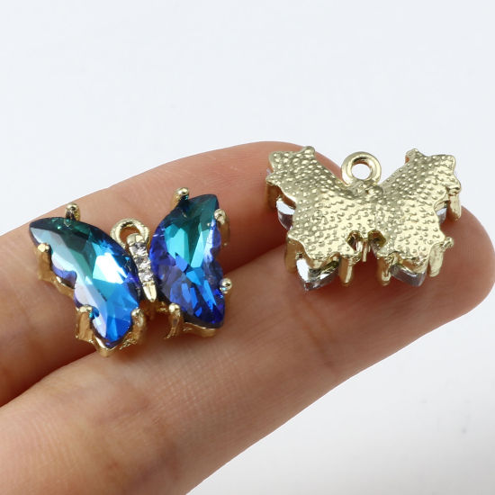 Picture of Zinc Based Alloy & Glass Insect Charms Butterfly Animal Gold Plated Multicolor AB Color Clear Rhinestone 18mm x 15mm, 5 PCs