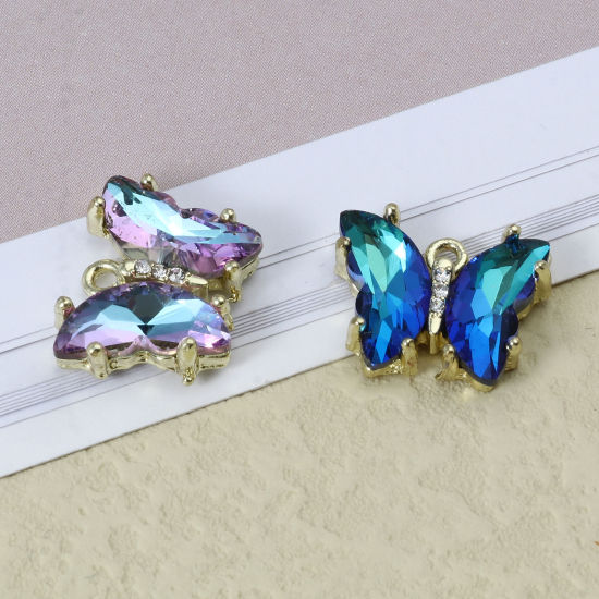 Picture of Zinc Based Alloy & Glass Insect Charms Butterfly Animal Gold Plated Multicolor AB Color Clear Rhinestone 18mm x 15mm, 5 PCs