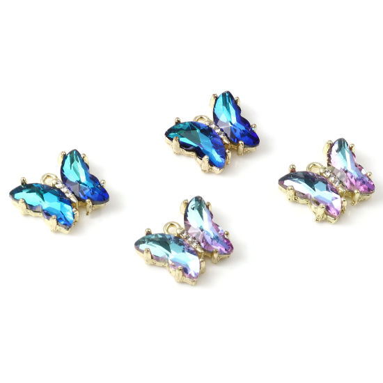 Picture of Zinc Based Alloy & Glass Insect Charms Butterfly Animal Gold Plated Multicolor AB Color Clear Rhinestone 18mm x 15mm, 5 PCs