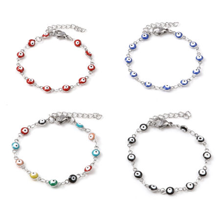 Stainless Steel Religious Bracelets Silver Tone Multicolor Round Evil Eye Enamel 13.5cm(5 3/8") long, 1 Piece
