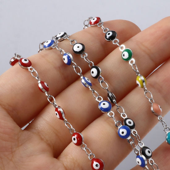 Picture of Stainless Steel Religious Bracelets Silver Tone Multicolor Round Evil Eye Enamel 13.5cm(5 3/8") long, 1 Piece