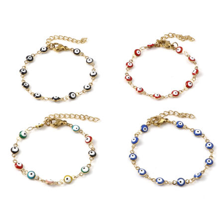 Picture of Stainless Steel Religious Bracelets Gold Plated Multicolor Round Evil Eye Enamel 13.5cm(5 3/8") long, 1 Piece