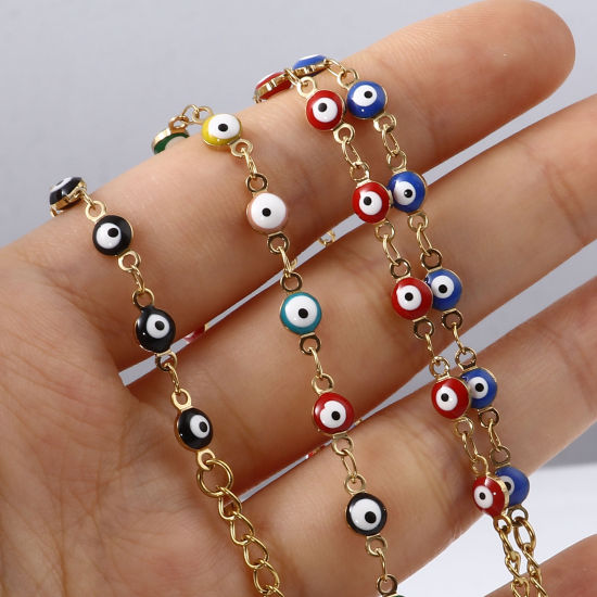 Immagine di Acciaio Inossidabile Religione Braccialetti Oro Placcato Multicolore Tondo Malocchio Smalto 13.5cm Lunghezza, 1 Pz