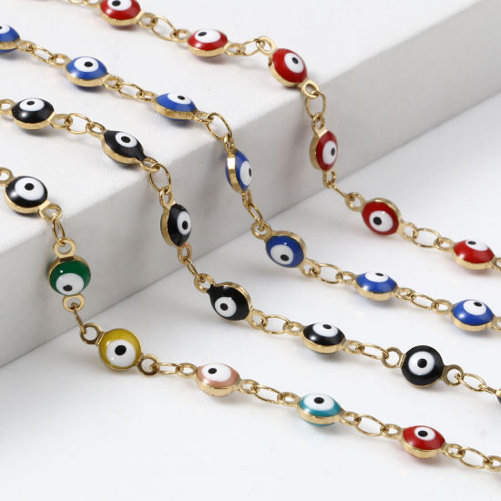Immagine di Acciaio Inossidabile Religione Braccialetti Oro Placcato Multicolore Tondo Malocchio Smalto 13.5cm Lunghezza, 1 Pz