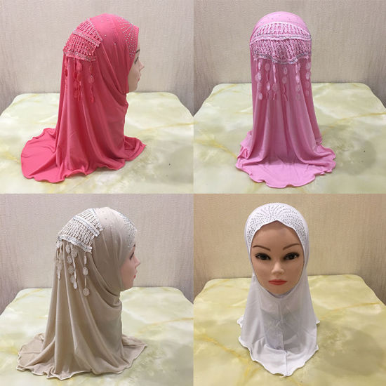 Picture of Rayon Lace Muslim Girl's Turban Hijab With Hot Fix Rhinestone For 2-7 Years Old