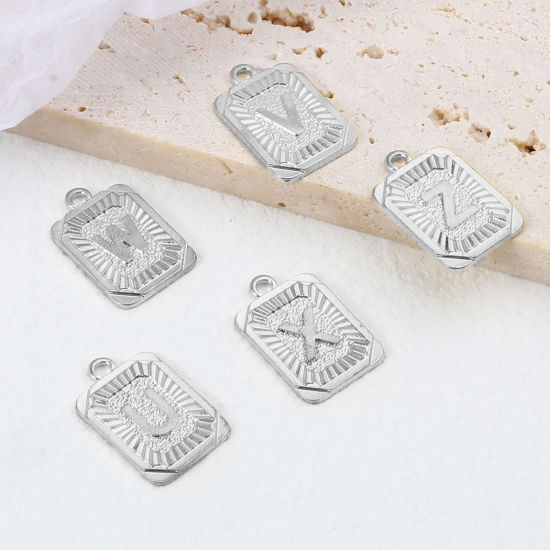 Immagine di Lega di Zinco Charms Rettangolo Tono Argento Lettera Maiuscola 23mm x 15mm , 10 Pz