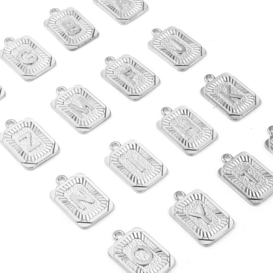 Immagine di Lega di Zinco Charms Rettangolo Tono Argento Lettera Maiuscola 23mm x 15mm , 10 Pz